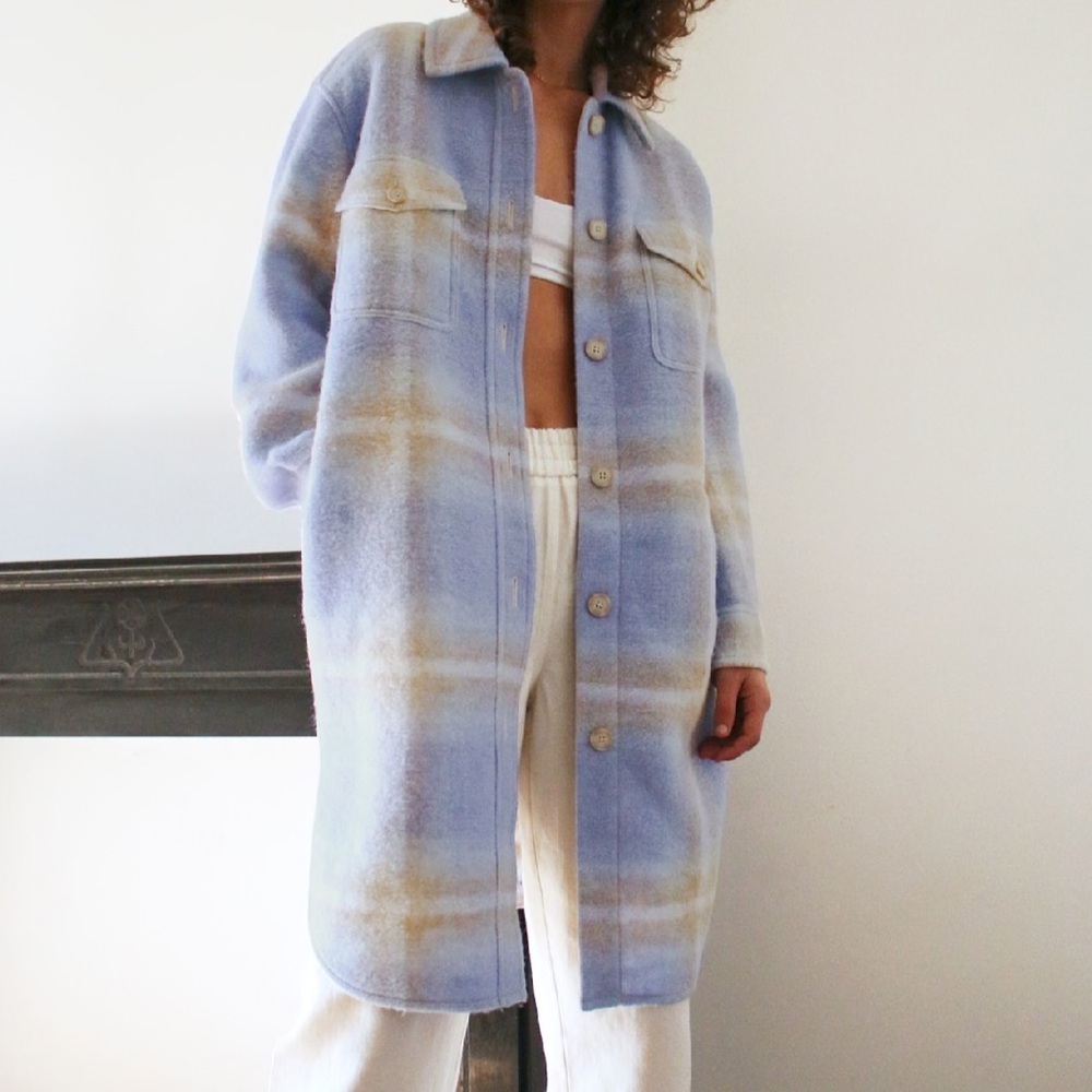 Wilfred Pastel Blue and Cream Plaid Shacket Coat